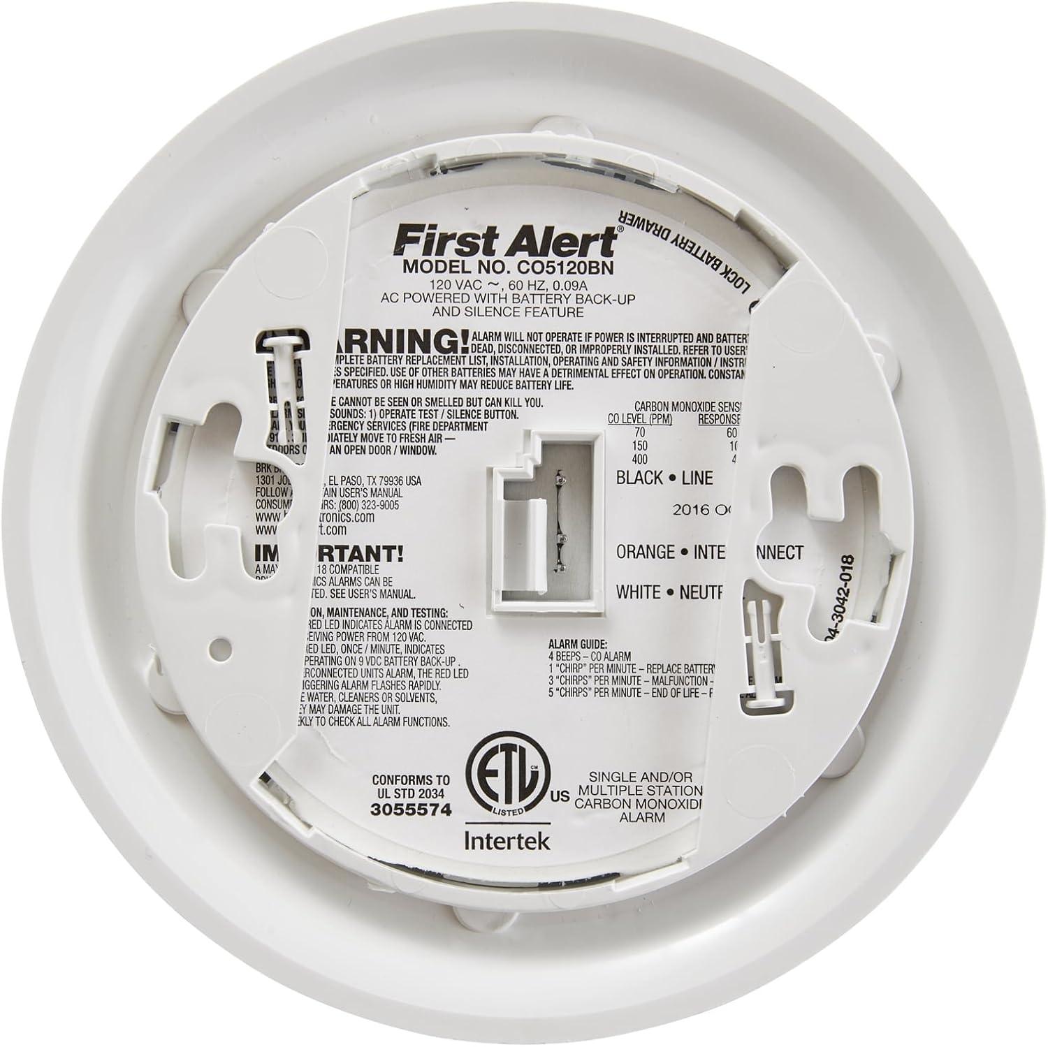 imageFirst Alert BRK Carbon Monoxide Detector Hardwired Alarm with Battery Backup CO5120BN WhiteWhite